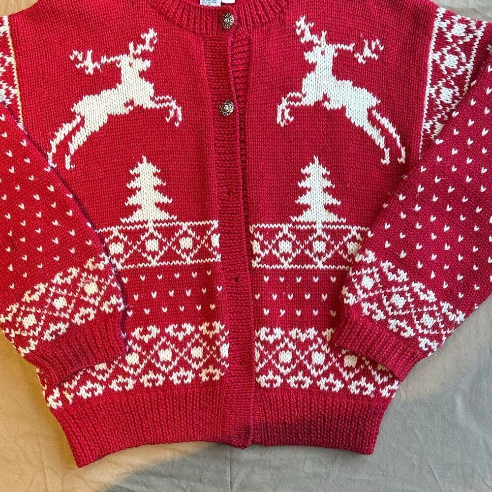 Vintage Hand Knit Wool Christmas Cardigan Red with White Reindeer Small